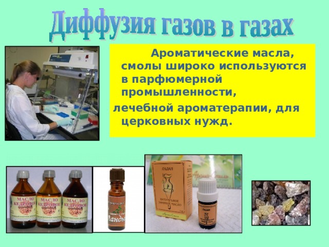 Ароматические масла, смолы широко используются в парфюмерной промышленности, лечебной ароматерапии, для церковных нужд.   