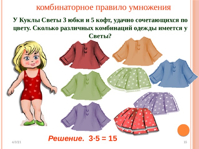 комбинаторное правило умножения У Куклы Светы 3 юбки и 5 кофт, удачно сочетающихся по цвету. Сколько различных комбинаций одежды имеется у Светы? Решение. 3·5 = 15 