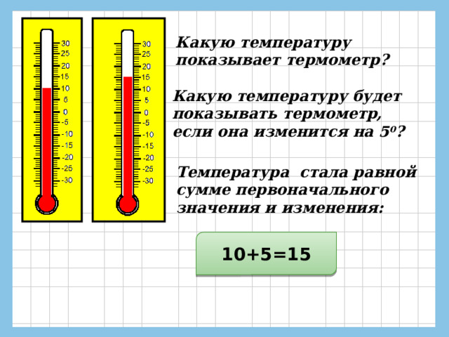 Какую температуру показывает термометр? Какую температуру будет показывать термометр, если она изменится на 5 0 ? Температура стала равной сумме первоначального значения и изменения: 10+5=15 