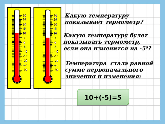 Какую  температуру  показывает  термометр? Какую температуру будет показывать термометр, если она изменится на -5 0 ? Температура стала равной сумме первоначального значения и изменения: 10+(-5)=5 
