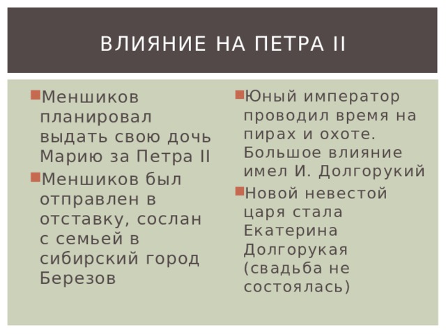 Влияние на Петра II Меншиков планировал выдать свою дочь Марию за Петра II Меншиков был отправлен в отставку, сослан с семьей в сибирский город Березов Юный император проводил время на пирах и охоте. Большое влияние имел И. Долгорукий Новой невестой царя стала Екатерина Долгорукая (свадьба не состоялась) 