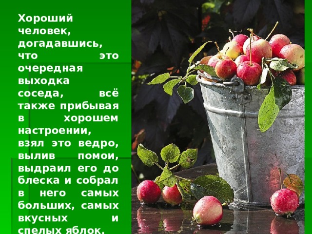 Хороший человек, догадавшись, что это очередная выходка соседа, всё также прибывая в хорошем настроении, взял это ведро, вылив помои, выдраил его до блеска и собрал в него самых больших, самых вкусных и спелых яблок. Изображение с сайта http://img-2006-09.photosight.ru/  