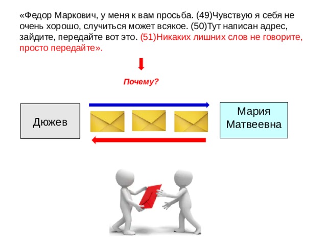 «Федор Маркович, у меня к вам просьба. (49)Чувствую я себя не очень хорошо, случиться может всякое. (50)Тут написан адрес, зайдите, передайте вот это . (51)Никаких лишних слов не говорите, просто передайте». Почему? Мария Матвеевна Дюжев 