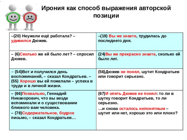 Ирония как способ выражения авторской позиции – (20) Неужели ещё работала? – удивился Дюжев. – (19) Вы же знаете , трудилась до последнего дня. –  (6) Сколько же ей было лет? – спросил Дюжев. (24) Вы же прекрасно знаете , сколько ей было лет. –  (54)Вот и получился день воспоминаний, – сказал Кондратьев. –(55) Хорошо вы ей пожелали – успеха в труде и в личной жизни. (56)Дюжев не понял, шутит Кондратьев или говорит серьезно. –  (66) Похвально , Геннадий Никанорович, что вы везде вспоминали и о существовании близкого вам человека. –  (78) Содержательное, бодрое письмо, – сказал Кондратьев… (67) И опять Дюжев не понял : то ли в шутку говорит Кондратьев, то ли серьезно. … и снова осталось непонятным – шутит или нет, хорошо это или плохо? 