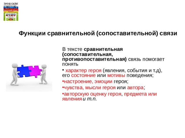 Функции сравнительной (сопоставительной) связи В тексте сравнительная (сопоставительная, противопоставительная) связь помогает понять  характер героя (явления, события и т.д), его состояние или мотивы поведения; настроение, эмоции героя; чувства, мысли героя или автора ; авторскую оценку героя , предмета или явления  и т.п. 