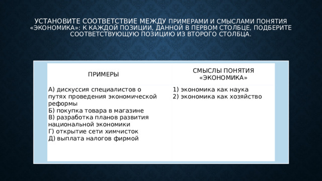 Установите соответствие между примерами понятия экономика Презентация по обществознанию из раздела Экономика (9, 10, 11 классы)