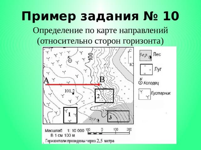 Пример задания № 10 Определение по карте направлений (относительно сторон горизонта) 