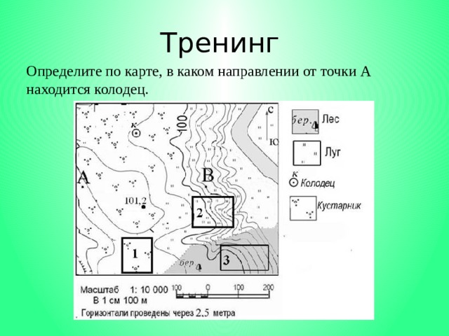 Определите по плану в каком направлении от родника расположен сад