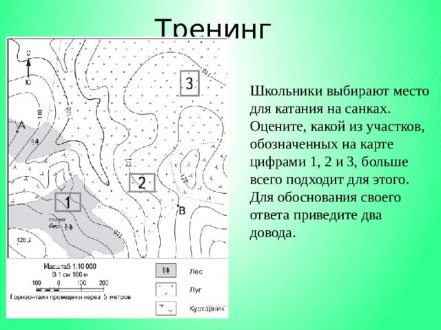 Тренинг Школьники выбирают место для катания на санках. Оцените, какой из участков, обозначенных на карте цифрами 1, 2 и 3, больше всего подходит для этого. Для обоснования своего ответа приведите два довода. 