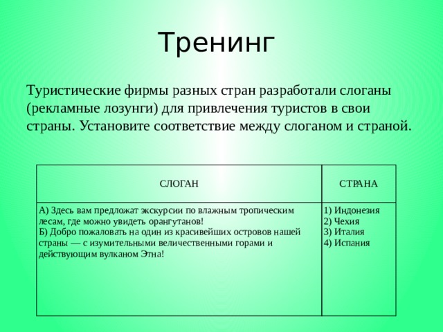 Тренинг Туристические фирмы разных стран разработали слоганы (рекламные лозунги) для привлечения туристов в свои страны. Установите соответствие между слоганом и страной. СЛОГАН А) Здесь вам предложат экскурсии по влажным тропическим лесам, где можно увидеть орангутанов! СТРАНА Б) Добро пожаловать на один из красивейших островов нашей страны — с изумительными величественными горами и действующим вулканом Этна! 1) Индонезия 2) Чехия 3) Италия 4) Испания 