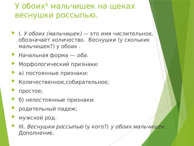 У обоих³ мальчишек на щеках веснушки россыпью. I.  У обоих (мальчишек)  — это имя числительное, обозначает количество. Веснушки (у скольких мальчишек?) у обоих . Начальная форма —  оба . Морфологический признаки: а) постоянные признаки: Количественное,собирательное; простое; б) непостоянные признаки: родительный падеж; мужской род. III.  Веснушки россыпью  (у кого?)  у обоих мальчишек . Дополнение. 