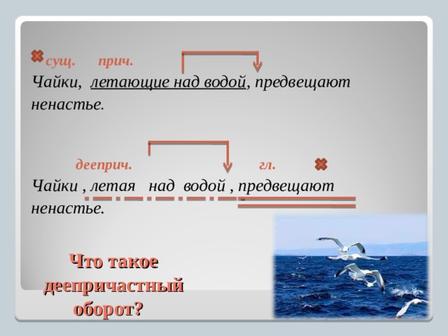  сущ. прич. Чайки, летающие над водой , предвещают ненастье .   дееприч. гл. Чайки , летая над водой , предвещают ненастье.                                  Что такое  деепричастный  оборот? 