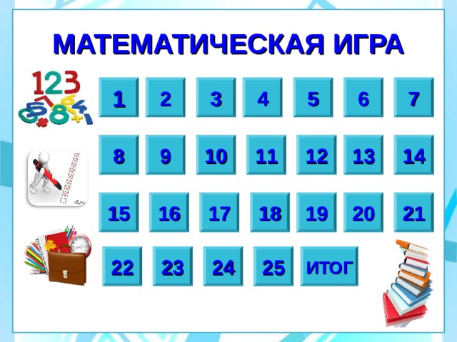 МАТЕМАТИЧЕСКАЯ ИГРА 3 7 6 5 2 4 1 10 13 9 8 14 11 12 15 21 20 17 18 19 16 25 24 23 22 ИТОГ 