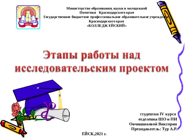 Министерство образования, науки и молодежной  Политики Краснодарского края  Государственное бюджетное профессиональное образовательное учреждение  Краснодарского края  «КОЛЛЕДЖ ЕЙСКИЙ» студентки IV курса отделения ШО и ПИ Овчинниковой Виктории Преподаватель: Тур А.Р. ЕЙСК,2021 г. 