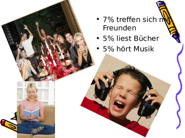 7% treffen sich mit Freunden 5% liest B ücher 5% hört Musik 