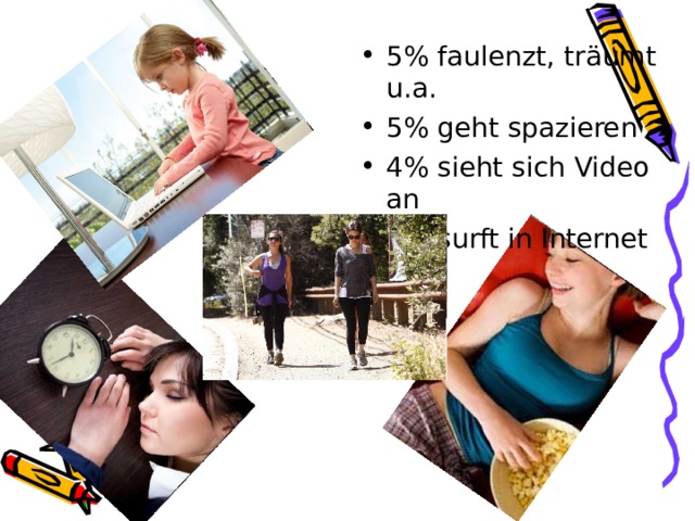 5% faulenzt, tr äumt u.a. 5% geht spazieren 4% sieht sich Video an 4% surft in Internet 