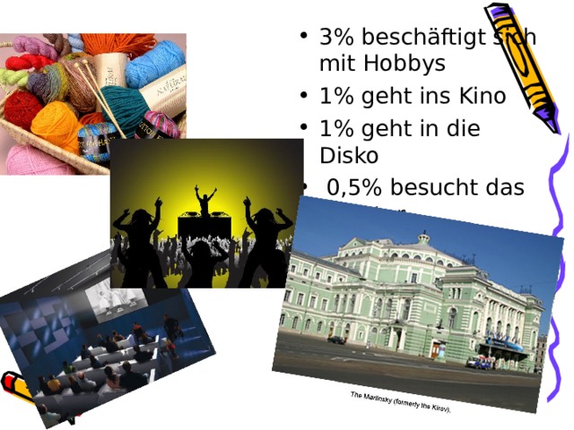 3% besch äftigt sich mit Hobbys 1% geht ins Kino 1% geht in die Disko  0,5% besucht das Theater 