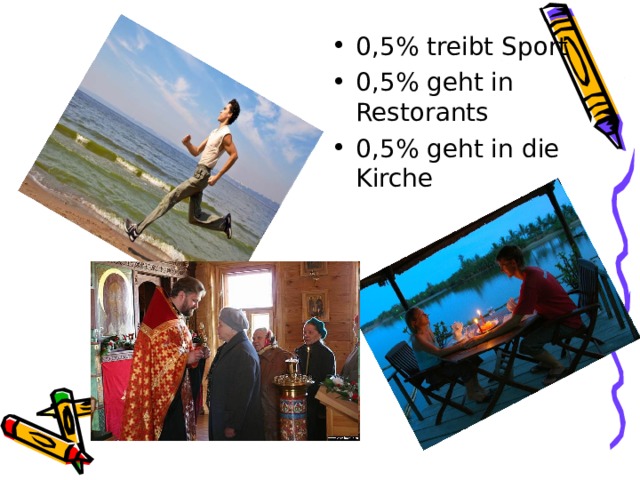 0,5% treibt Sport 0,5% geht in Restorants 0,5% geht in die Kirche 