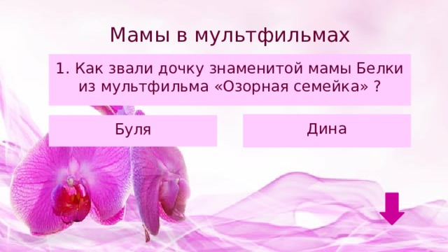 Мамы в мультфильмах 1. Как звали дочку знаменитой мамы Белки из мультфильма «Озорная семейка» ? Дина Буля 