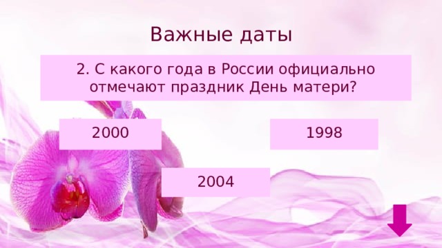 Важные даты 2. С какого года в России официально отмечают праздник День матери? 2000 1998 2004 