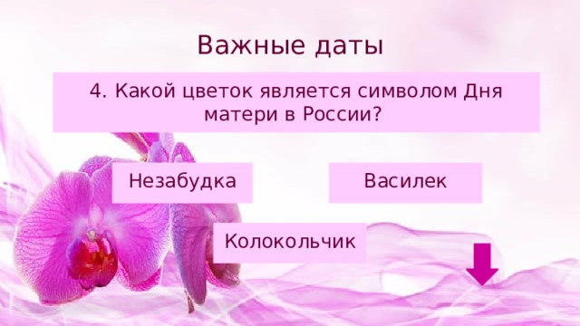 Важные даты 4. Какой цветок является символом Дня матери в России? Незабудка Василек Колокольчик 