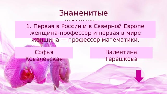 Знаменитые женщины 1. Первая в России и в Северной Европе женщина-профессор и первая в мире женщина — профессор математики. Софья Ковалевская Валентина Терешкова 