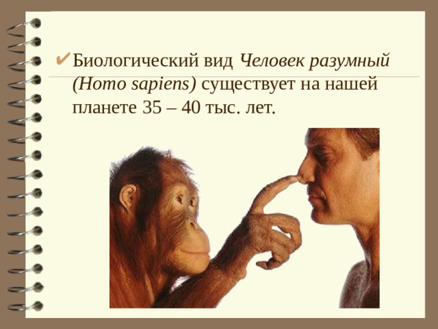 Биологический вид  Человек разумный (Нomo sapiens)  существует на нашей планете 35 – 40 тыс. лет. 