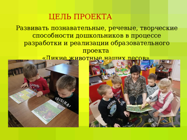 ЦЕЛЬ ПРОЕКТА Развивать познавательные, речевые, творческие способности дошкольников в процессе разработки и реализации образовательного проекта  «Дикие животные наших лесов» . 