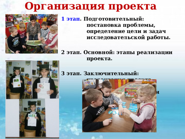 Организация проекта   1 этап . Подготовительный: постановка проблемы, определение цели и задач исследовательской работы.  2 этап. Основной: этапы реализации проекта.  3 этап. Заключительный: презентация проекта - выступление научных сотрудников «Умники и умницы». 