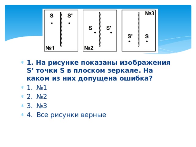 1. На рисунке показаны изображения S’ точки S в плоском зеркале. На каком из них допущена ошибка? 1.  №1 2.  №2 3.  №3 4.  Все рисунки верные   