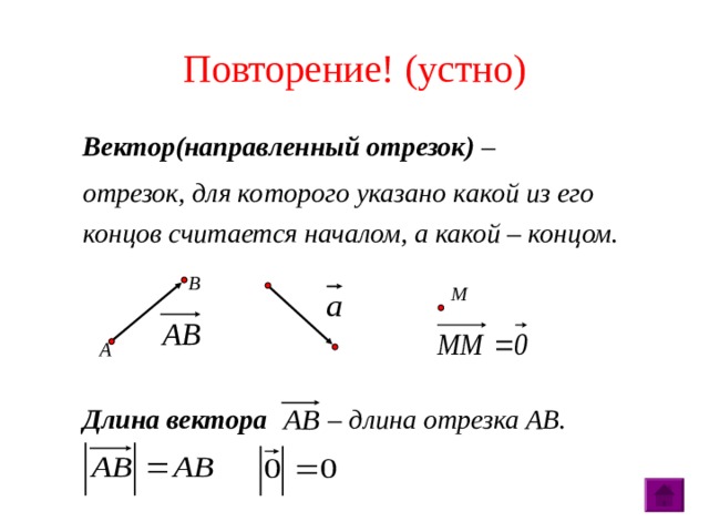 Повторение! (устно) Вектор(направленный отрезок) – отрезок, для которого указано какой из его концов считается началом, а какой – концом.    Длина вектора   – длина отрезка AB.  В M А 