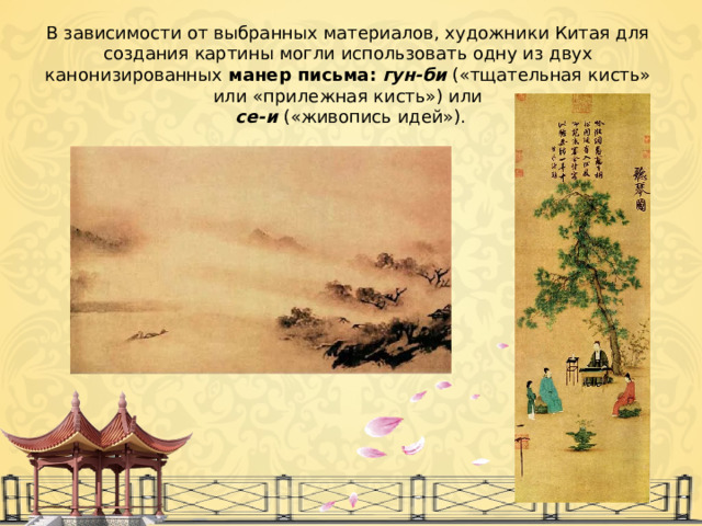 В зависимости от выбранных материалов, художники Китая для создания картины могли использовать одну из двух канонизированных  манер письма:   гун-би  («тщательная кисть» или «прилежная кисть») или   се-и   («живопись идей»). 
