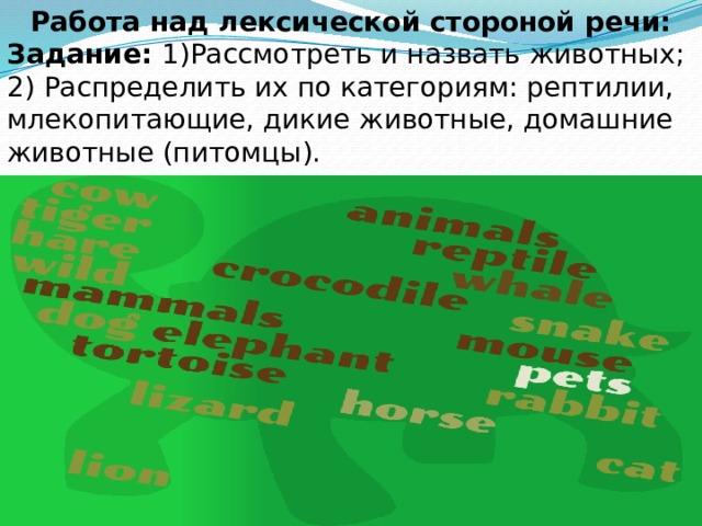 Работа над лексической стороной речи: Задание: 1)Рассмотреть и назвать животных; 2) Распределить их по категориям: рептилии, млекопитающие, дикие животные, домашние животные (питомцы). 
