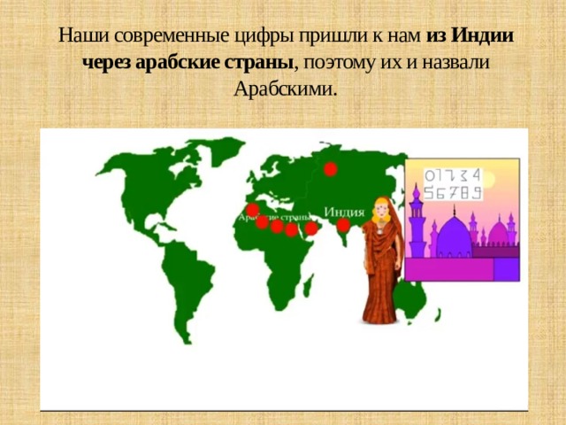 Наши современные цифры пришли к нам из Индии через арабские страны , поэтому их и назвали Арабскими. 
