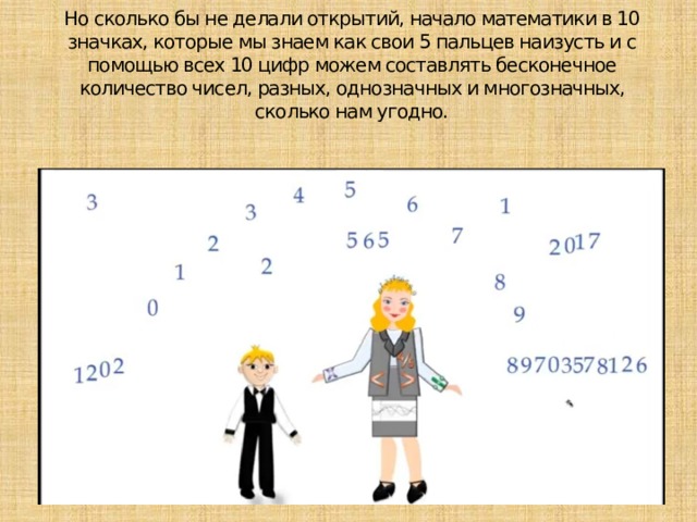 Но сколько бы не делали открытий, начало математики в 10 значках, которые мы знаем как свои 5 пальцев наизусть и с помощью всех 10 цифр можем составлять бесконечное количество чисел, разных, однозначных и многозначных, сколько нам угодно. 