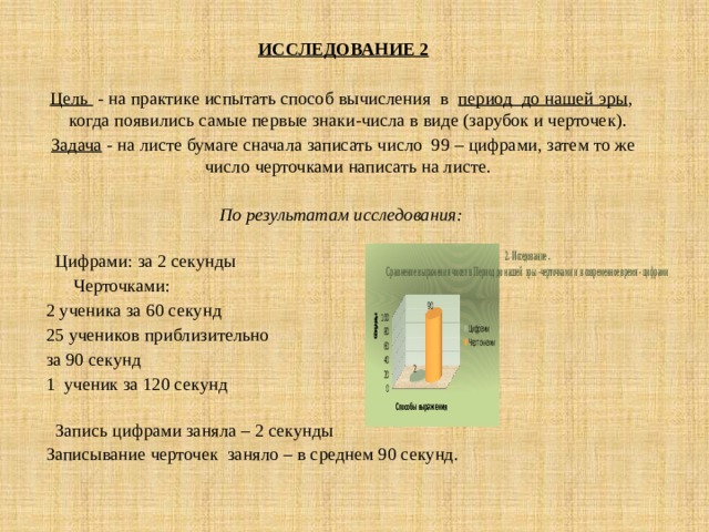 ИССЛЕДОВАНИЕ 2  Цель - на практике испытать способ вычисления в период до нашей эры , когда появились самые первые знаки-числа в виде (зарубок и черточек). Задача - на листе бумаге сначала записать число 99 – цифрами, затем то же число черточками написать на листе.  По результатам исследования:  Цифрами: за 2 секунды  Черточками: 2 ученика за 60 секунд 25 учеников приблизительно за 90 секунд 1 ученик за 120 секунд  Запись цифрами заняла – 2 секунды Записывание черточек заняло – в среднем 90 секунд.   