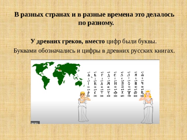 В разных странах и в разные времена это делалось по разному. У древних греков, вместо цифр были буквы. Буквами обозначались и цифры в древних русских книгах. 