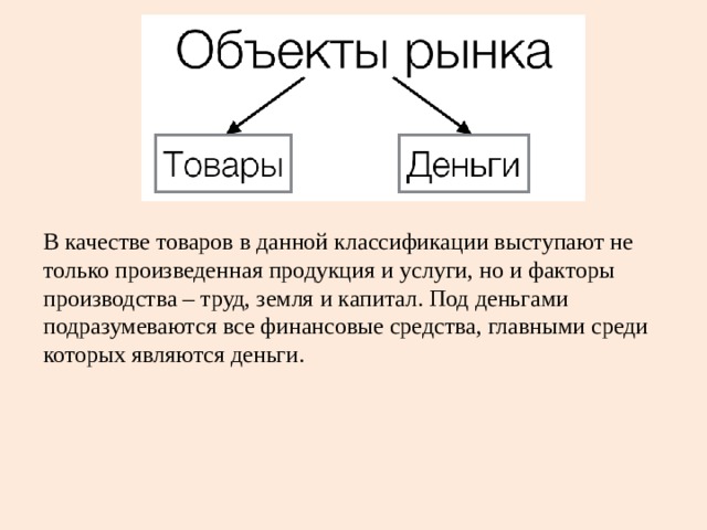 В качестве товаров в данной классификации выступают не только произведенная продукция и услуги, но и факторы производства – труд, земля и капитал. Под деньгами подразумеваются все финансовые средства, главными среди которых являются деньги. 