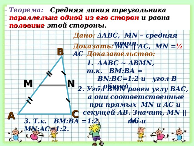 Теорема: Средняя линия треугольника параллельна одной из его сторон и равна половине этой стороны. Дано: Δ АВС, М N – средняя линия. Доказать: М N || АС, М N = ½  АС В Доказательство: Δ АВС ~ Δ ВМ N , т.к. ВМ:ВА = В N :ВС=1:2 и угол В – общий. М N 2. Угол ВМ N равен углу ВАС,  а они соответственные при прямых М N и АС и секущей АВ. Значит, М N || АС. С А 3. Т.к. ВМ:ВА =1:2, то и М N :АС=1:2.  