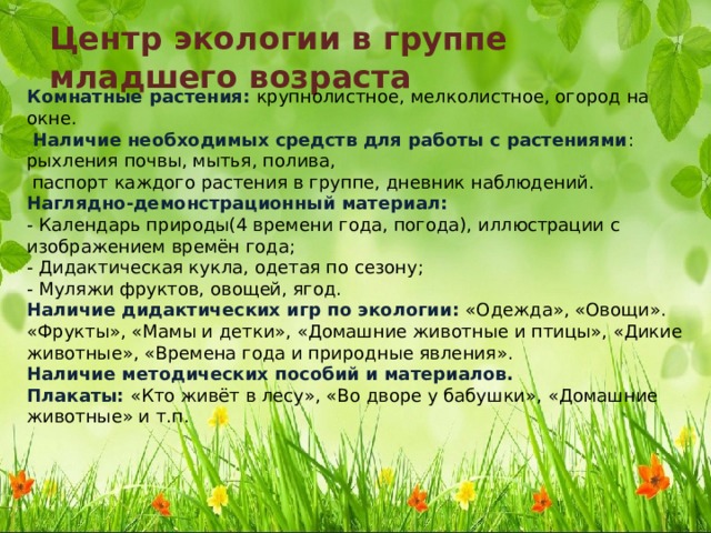 Центр экологии в группе младшего возраста Комнатные растения: крупнолистное, мелколистное, огород на окне.   Наличие необходимых средств для работы с растениями : рыхления почвы, мытья, полива,  паспорт каждого растения в группе, дневник наблюдений.  Наглядно-демонстрационный материал:  - Календарь природы(4 времени года, погода), иллюстрации с изображением времён года;  - Дидактическая кукла, одетая по сезону;  - Муляжи фруктов, овощей, ягод.  Наличие дидактических игр по экологии: «Одежда», «Овощи». «Фрукты», «Мамы и детки», «Домашние животные и птицы», «Дикие животные», «Времена года и природные явления».  Наличие методических пособий и материалов.  Плакаты: «Кто живёт в лесу», «Во дворе у бабушки», «Домашние животные» и т.п. 