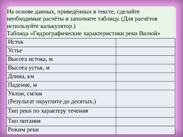 На основе данных, приведённых в тексте, сделайте необходимые расчёты и заполните таблицу. (Для расчётов используйте калькулятор.) Таблица «Гидрографические характеристики реки Вилюй» Исток Устье Высота истока, м Высота устья, м Длина, км Падение, м Уклон, см/км (Результат округлите до десятых.) Тип реки по характеру течения Тип питания Режим реки 