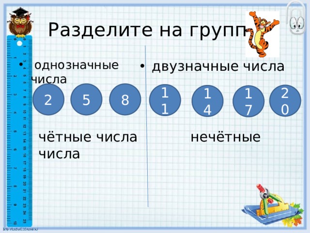Разделите на группы  однозначные числа двузначные числа 2 5 8 11 20 14 17 чётные числа нечётные числа 