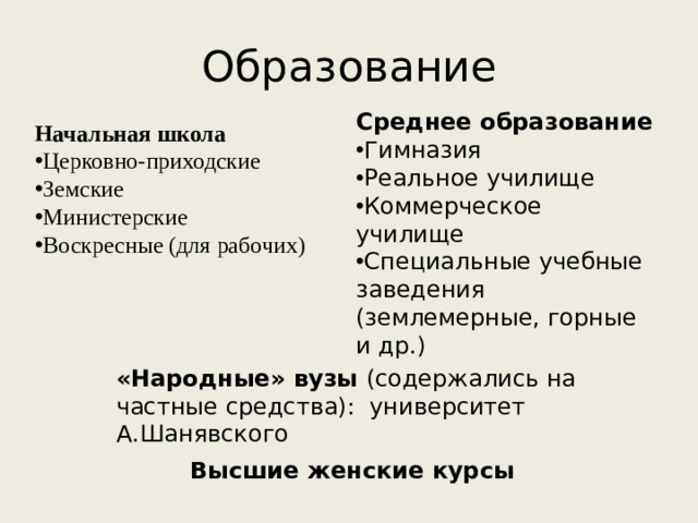 Образование Среднее образование Гимназия Реальное училище Коммерческое училище Специальные учебные заведения (землемерные, горные и др.) Начальная школа Церковно-приходские Земские Министерские Воскресные (для рабочих) «Народные» вузы (содержались на частные средства): университет А.Шанявского Высшие женские курсы 