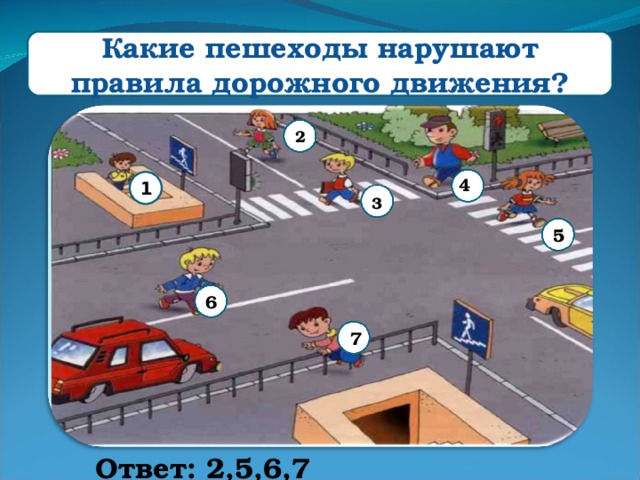 Какие пешеходы нарушают правила дорожного движения? 2 4 1 3 5 6 7 Ответ: 2,5,6,7 