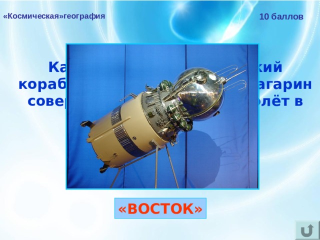 «Космическая»география 1 0 баллов Как назывался космический корабль, на котором Юрий Гагарин совершил первый в мире полёт в космос?  «ВОСТОК»