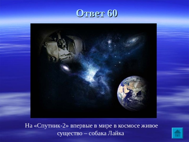 Ответ 60 На «Спутник-2» впервые в мире в космосе живое существо – собака Лайка