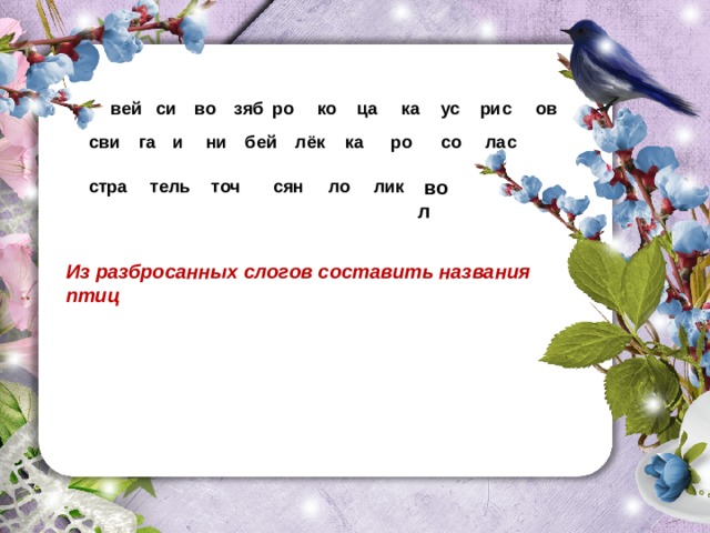 ца ов рис ус ка ко ро зяб во си вей лёк лас со ро ка га бей ни сви и   вол  стра тель точ сян ло лик Из разбросанных слогов составить названия птиц 