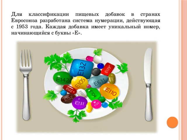 Для классификации пищевых добавок в странах Евросоюза разработана система нумерации, действующая с 1953 года. Каждая добавка имеет уникальный номер, начинающийся с буквы «E». 