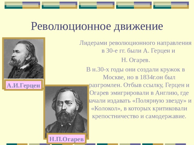 Революционное движение Лидерами революционного направления в 30-е гг. были А. Герцен и Н. Огарев. В н.30-х годы они создали кружок в Москве, но в 1834г.он был разгромлен. Отбыв ссылку, Герцен и Огарев эмигрировали в Англию, где начали издавать «Полярную звезду» и «Колокол», в которых критиковали крепостничество и самодержавие. А.И.Герцен Н.П.Огарев 