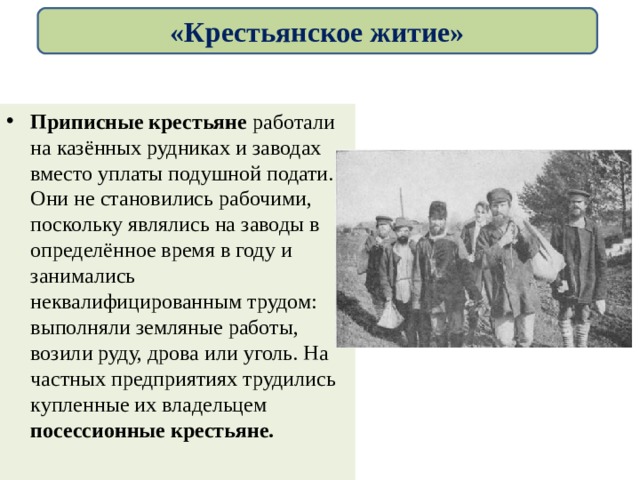 «Крестьянское житие» Приписные крестьяне работали на казённых рудниках и заводах вместо уплаты подушной подати. Они не становились рабочими, поскольку являлись на заводы в определённое время в году и занимались неквалифицированным трудом: выполняли земляные работы, возили руду, дрова или уголь. На частных предприятиях трудились купленные их владельцем посессионные крестьяне. 